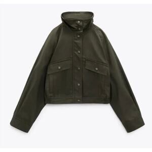 Zara Women’s Army Green Cropped Pocket Bomber Jacket Military Waxed Sz Small
